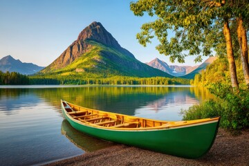 Obraz premium Elegant green canoe rests peacefully on the tranquil lake surrounded by majestic mountains and lush forests reflecting serenity and natural beauty in a captivating outdoor setting