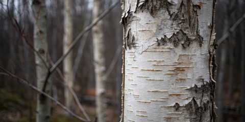 Somber birch tree trunk with peeling white bark stands in dark forest. quiet reminder of nature beauty and devastating effect of deforestation on our climate
