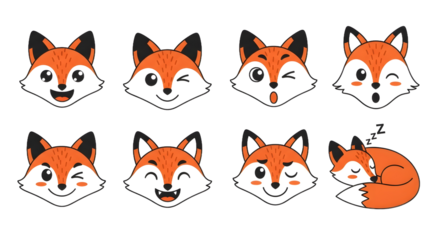 Cute cartoon fox face icon set featuring diverse emotions happy, winking, surprised, and sleeping. Hand-drawn vector style, perfect for kids' designs and playful digital graphics