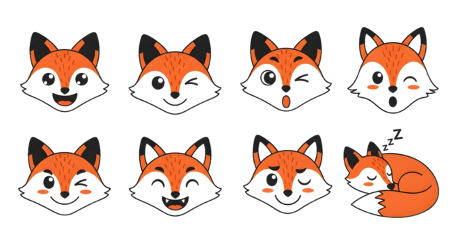 Cute cartoon fox face icon set featuring diverse emotions happy, winking, surprised, and sleeping. Hand-drawn vector style, perfect for kids' designs and playful digital graphics