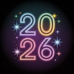 Bright neon numbers 2026 illuminate the night with festive sparkles, celebrating the upcoming year with vibrant energy.