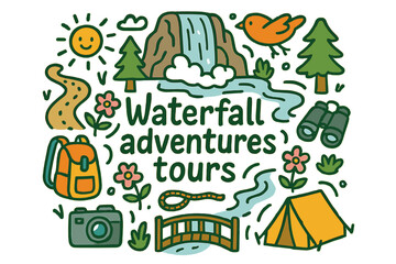 Waterfall Adventure Tours. Waterfall adventures tours. Hand-drawn doodle illustration of Waterfall adventures