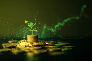 Growing financial success: green plant on coins with rising graph in background.