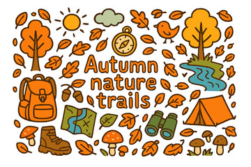 Fototapeta premium Autumn Trail Adventure. Autumn nature trails. Hand-drawn doodle illustration of Autumn nature trails. trail,