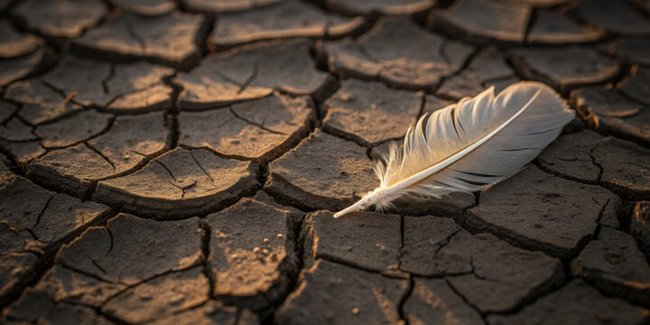 Single white feather on cracked arid earth poignant effect of climate change and deforestation. This evokes feelings of fragility and desolation from drought