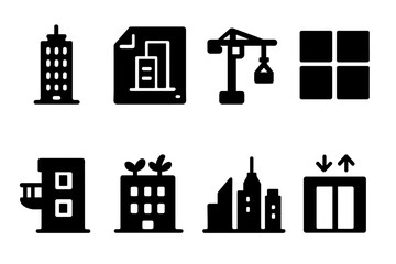Fototapeta premium Skyscraper Icon Set. Skyscraper Concepts. Filled icon set of Skyscraper Concepts: skyscraper, blueprint, crane