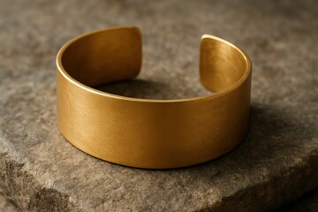 ethical gold jewelry concept. Gold cuff bracelet on a textured surface.