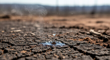 Single drop of water evaporates on hot cracked earth powerful symbol of drought. devastating effect of deforestation and changing climate on our thirsty planet