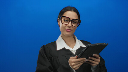 Hispanic woman in black robe using tablet against blue background, portraying a judge with...
