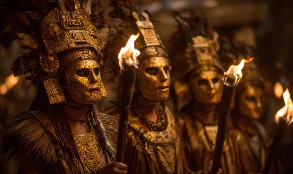 Mysterious Golden Figures Holding Torches in Dimly Lit Scene. - Powered by Adobe