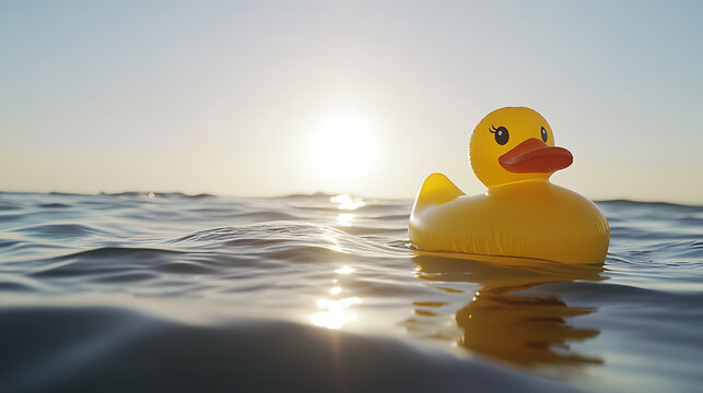 Yellow duck float serenely in the ocean at sunset. The water reflects the setting sun, creating a warm and inviting scene. A fun day at the beach! - Powered by Adobe