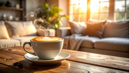 Obraz premium Enjoying a warm, steaming cup of latte art coffee in a sunlit living room at home. Perfect for a cozy morning or relaxing break.