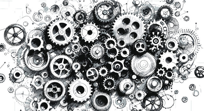  Dense interlocking gears form a complex mechanical network, conveying engineering, precision, and innovation. This abstract machinery image suits tech, industry, automation,