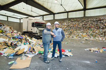 Fototapeta premium worker pointing at recycling pile