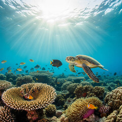 Obraz premium Sea Turtle Swimming Over Coral Reef