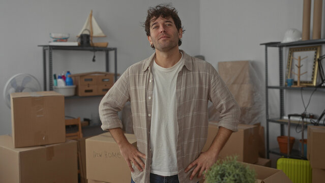 Hispanic man standing confidently in a new home surrounded by moving boxes showcases a fresh start and domestic setup.
