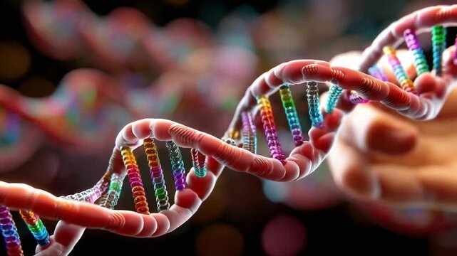 DNA Strand Unveiled: A macro shot of a vibrant double helix DNA strand, revealing the intricate structure and mesmerizing details of life's fundamental building block.