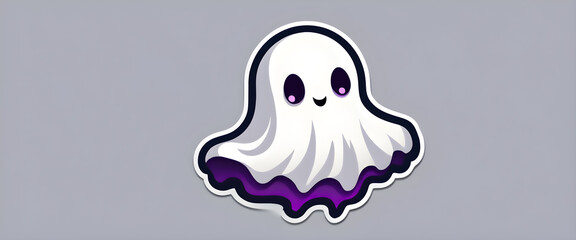 Cute white ghost illustration on gray background. Small ghost with big eyes and smiling mouth. Simple spooky ghost for Halloween theme. Adorable cartoon ghost in minimalist style.