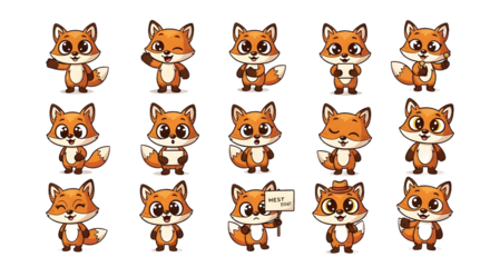 Charming collection of flat design fox icons featuring various adorable poses and simple, expressive silhouettes, perfect for mascots and whimsical digital graphics