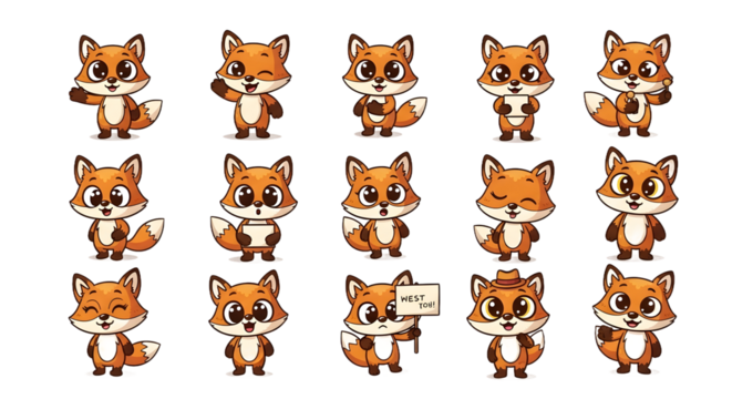 Charming collection of flat design fox icons featuring various adorable poses and simple, expressive silhouettes, perfect for mascots and whimsical digital graphics