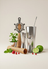 Fresh, healthy olive oil and vinegar still life with green vegetables and red apples on a white kitchen table