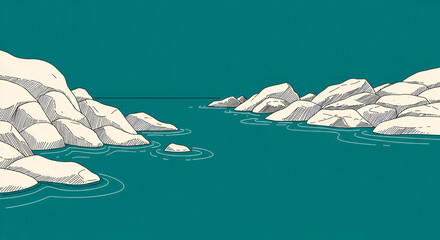 Frozen arctic landscape: A blue boat on the cold glacial sea beneath a snowy mountain sky