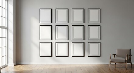 Fototapeta premium Minimalist Gallery Wall Mockup with Natural Light and Modern Chair.