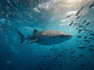 Fototapeta premium Whale swimming underwater with school of fish