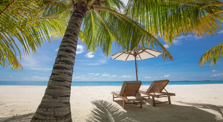 Happy couple love beach landscape two chairs umbrella palm leaves sunny sea view relax summer holiday honeymoon travel together tropical island paradise ocean horizon blue sky vacation leisure romance
