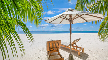 Happy couple love beach landscape two chairs umbrella palm leaves sunny sea view relax summer holiday honeymoon travel together tropical island paradise ocean horizon blue sky vacation leisure romance