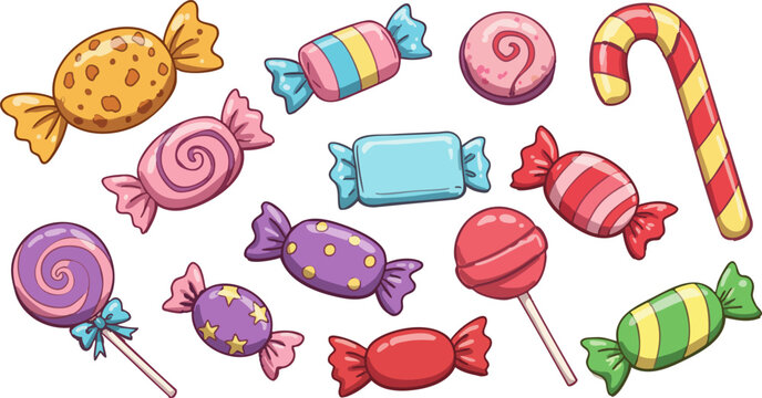 Colorful assortment of candies including lollipops and wrapped sweets on black background