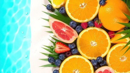 Vibrant Citrus and Berry Medley with Tropical Leaves by a Poolside.
