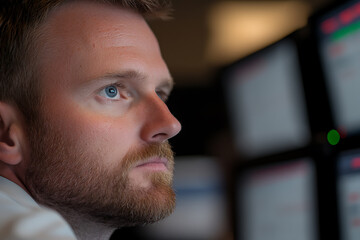 Intent gaze of a man with a beard, possibly an analyst, looking at multiple monitors in a focused environment. Intense concentration and work ethic.