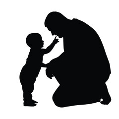 Silhouette of father kneeling while child touches his nose against white background image view