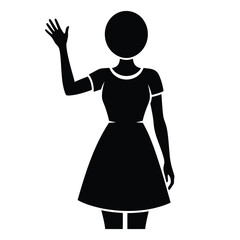 A silhouette of a woman in a dress waving her hand with a circular head on a white background