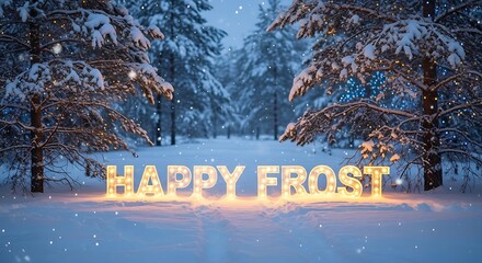Magical glowing text "HAPPY FROST" illuminating a serene winter forest at night.