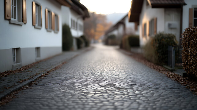 Cobblestone street view, lined with European-style homes, showcasing a quaint and charming neighborhood, evoking tranquility.