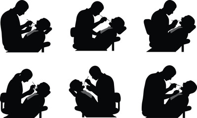 Dentist, dental chair, patient treatment, oral care, healthcare professional, medical clinic, dental procedure, hygiene check, tooth examination, modern dentistry, silhouette illustration