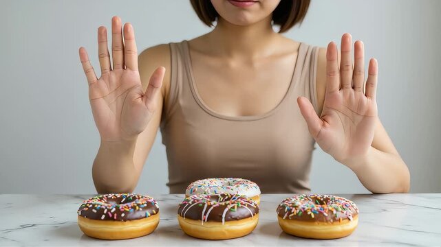 高カロリーのドーナツを拒否し、手を広げて「ノー」のサインを示す女性