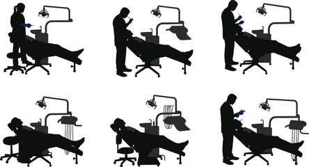 Flat vector dentist silhouettes, dental clinic treatment poses, patient care illustration, healthcare profession icons, isolated black figures, medical design set