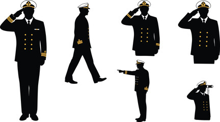 Flat vector naval officer silhouettes, military captain uniform poses, maritime crew illustration, professional sailor icons, isolated black figures, formal design