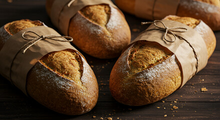 Freshly baked whole wheat bread loaf on a wooden table is a healthy breakfast and organic food staple from the bakery