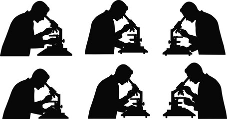 Scientist, microscope research, laboratory study, medical science, biology experiment, healthcare professional, clinical analysis, observation, education, silhouette illustration, modern research