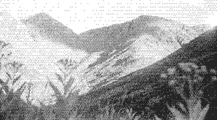 Retro bitmap mountain landscape with snowy mountain peaks and wild mountain scenery. Vintage halftone poster in black and white style, grunge texture, nature illustration and outdoor adventure art