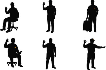 Service worker silhouette, uniform staff, waving gesture, pointing worker, holding suitcase, customer service, transport staff, professional job, workplace role, illustration