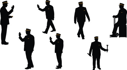 Train conductor silhouette, transport staff, railway worker, waving gesture, holding wrench, suitcase staff, uniform worker, travel service, professional job, illustration