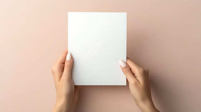Hands hold a blank white card against a soft background. Ideal for invitations, announcements, or personalized messages. Elegant and versatile!