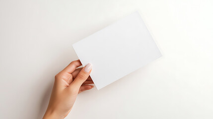 Obraz premium A hand holds a blank white card against a white background, perfect for messages or announcements. Minimalist, clean, and ready for your creative touch.