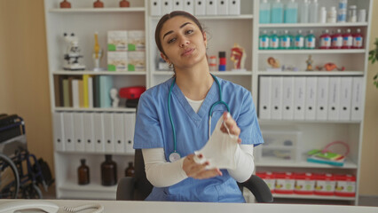 Hispanic woman doctor in blue scrubs with stethoscope adjusts mask in hospital clinic room, smiling at camera.