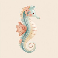 Fototapeta premium Colorful seahorse illustration featuring a delicate design, showcasing vibrant shades of blue and peach against a soft cream background